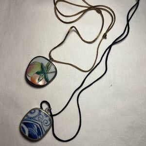 Handmade China Fragment Necklace Pendant - Peach & Blue Floral
